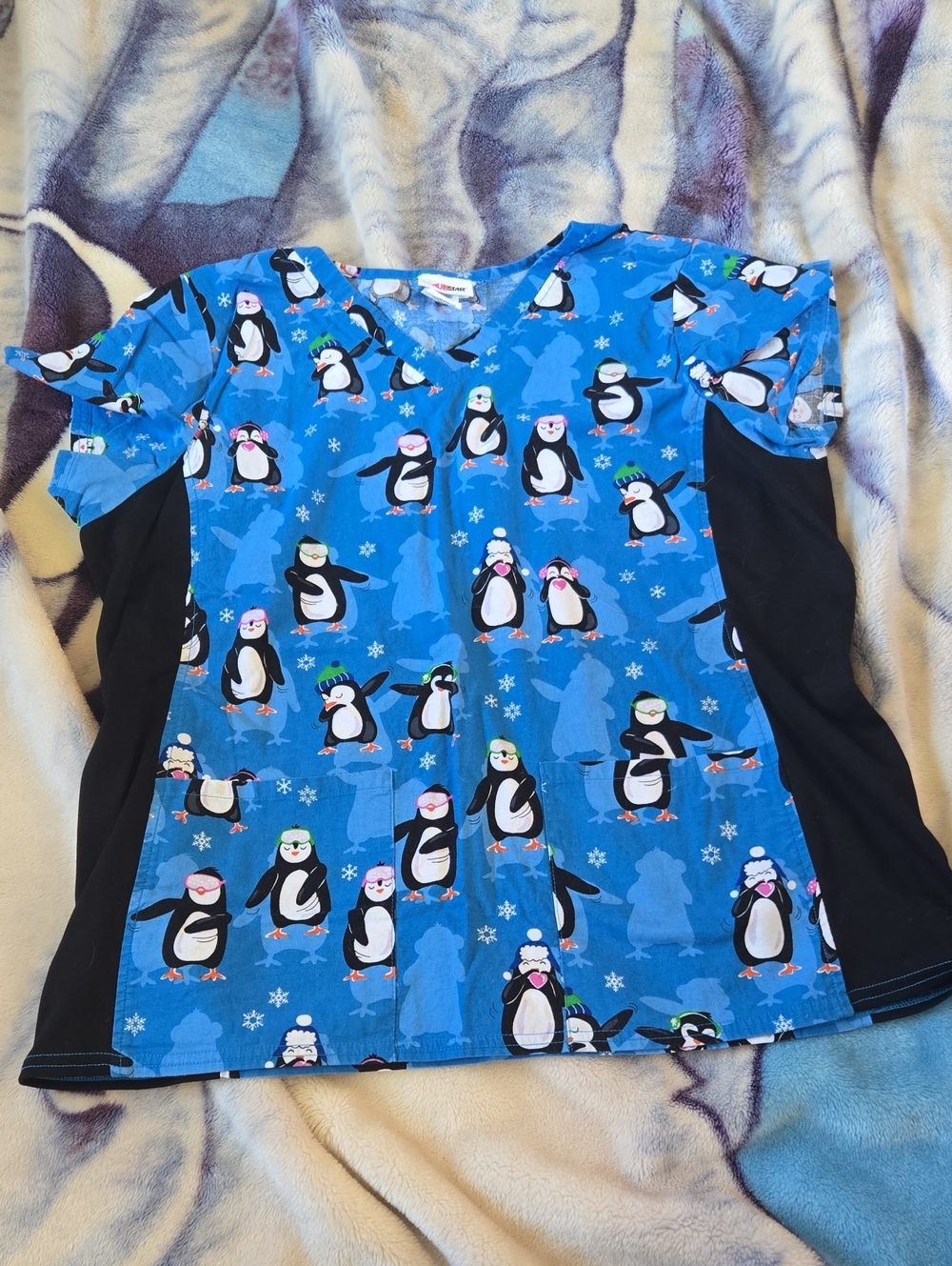 Womans Blue Penguin Print Scrub Top